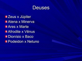 Deuses Zeus x Júpiter Atena x Minerva Ares x Marte Afrodite x Vênus Dionísio x Baco Podeidon x Netuno 