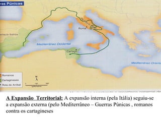 A Expansão Territorial: A expansão interna (pela Itália) seguiu-se
a expansão externa (pelo Mediterrâneo – Guerras Púnicas , romanos
contra os cartagineses
 