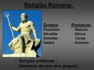 Religião Romana:
Gregos: Romanos:
Poseidon Netuno
Afrodite Vênus
Deméter Ceres
Hades Vulcano
• Religião politeísta :
(mesmos deuses dos gregos).
 