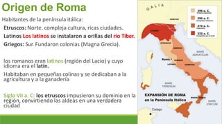 Origen de Roma
Habitantes de la península itálica:
Etruscos: Norte. compleja cultura, ricas ciudades.
Latinos Los latinos se instalaron a orillas del río Tíber.
Griegos: Sur. Fundaron colonias (Magna Grecia).
los romanos eran latinos (región del Lacio) y cuyo
idioma era el latín.
Habitaban en pequeñas colinas y se dedicaban a la
agricultura y a la ganadería
Siglo VII a. C: los etruscos impusieron su dominio en la
región, convirtiendo las aldeas en una verdadera
ciudad
 
