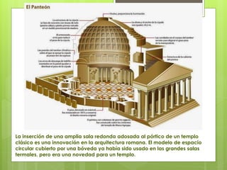 La inserción de una amplia sala redonda adosada al pórtico de un templo
clásico es una innovación en la arquitectura romana. El modelo de espacio
circular cubierto por una bóveda ya había sido usado en las grandes salas
termales, pero era una novedad para un templo.
 