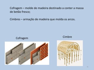 Cofragem – molde de madeira destinado a conter a massa
de betão fresco;

Cimbres – armação de madeira que molda os arcos.




    Cofragem                          Cimbre




                                                         32
 