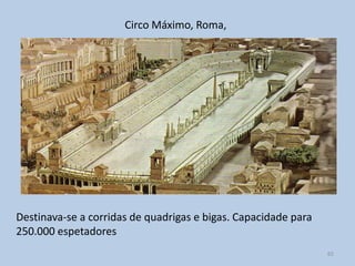 Circo Máximo, Roma,




Destinava-se a corridas de quadrigas e bigas. Capacidade para
250.000 espetadores
                                                                65
 