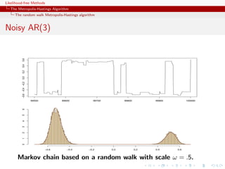 Likelihood-free Methods
   The Metropolis-Hastings Algorithm
     The random walk Metropolis-Hastings algorithm


Noisy AR(3)




       Markov chain based on a random walk with scale ω = .5.
 