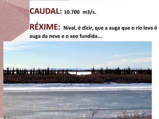 CAUDAL: 10.700
RÉXIME:

m3/s.

Nival, é dicir, que a auga que o río leva é
auga da neve e o xeo fundida...

 