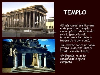 TEMPLO El más característico era el de planta rectangular, con un pórtico de entrada y cella (pequeña sala interior que albergaba la imagen de la divinidad);  Se elevaba sobre un podio y tenía un acceso único y frontal con escalinata.  En España, no se ha conservado ninguno completo. cella pórtico podio escalinata 