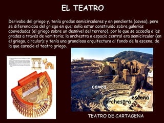 EL TEATRO Derivaba del griego y, tenía gradas semicirculares y en pendiente (cavea), pero se diferenciaba del griego en que: solía estar construido sobre galerías abovedadas (el griego sobre un desnivel del terreno), por lo que se accedía a las gradas a través de vomitoria; la orchestra o espacio central era semicircular (en el griego, circular); y tenía una grandiosa arquitectura al fondo de la escena, de la que carecía el teatro griego. TEATRO DE CARTAGENA cavea orchestra escena 