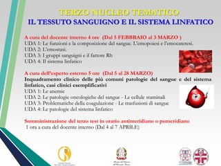 A cura del docente interno 4 ore (Dal 5 FEBBRAIO al 3 MARZO )
UDA 1: Le funzioni e la composizione del sangue. L’emopoiesi e l’emocateresi.
UDA 2: L’emostasi.
UDA 3: I gruppi sanguigni e il fattore Rh
UDA 4: Il sistema linfatico
A cura dell’esperto esterno 5 ore (Dal 5 al 28 MARZO)
Inquadramento clinico delle più comuni patologie del sangue e del sistema
linfatico, casi clinici esemplificativi
UDA 1: Le anemie
UDA 2: Le patologie oncologiche del sangue - Le cellule staminali
UDA 3: Problematiche della coagulazione - Le trasfusioni di sangue
UDA 4: Le patologie del sistema linfatico
Somministrazione del terzo test in orario antimeridiano o pomeridiano
1 ora a cura del docente interno (Dal 4 al 7 APRILE)
TERZO NUCLEO TEMATICO
IL TESSUTO SANGUIGNO E IL SISTEMA LINFATICO
 