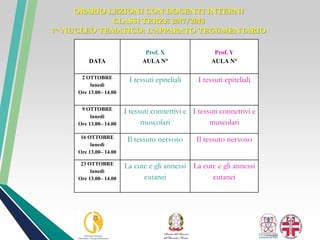 ORARIO LEZIONI CON DOCENTI INTERNI
CLASSI TERZE 2017/2018
1^ NUCLEO TEMATICO: L’APPARATO TEGUMENTARIO
DATA
Prof. X
AULA N°
Prof. Y
AULA N°
2 OTTOBRE
lunedì
Ore 13.00– 14.00
I tessuti epiteliali I tessuti epiteliali
9 OTTOBRE
lunedì
Ore 13.00– 14.00
I tessuti connettivi e
muscolari
I tessuti connettivi e
muscolari
16 OTTOBRE
lunedì
Ore 13.00– 14.00
Il tessuto nervoso Il tessuto nervoso
23 OTTOBRE
lunedì
Ore 13.00– 14.00
La cute e gli annessi
cutanei
La cute e gli annessi
cutanei
 