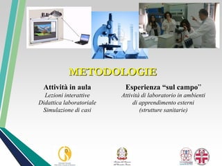 METODOLOGIE
Attività in aula
Lezioni interattive
Didattica laboratoriale
Simulazione di casi
Esperienza “sul campo”
Attività di laboratorio in ambienti
di apprendimento esterni
(strutture sanitarie)
 