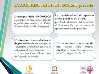 L’ACCORDO MIUR-FNOMCeO prevede
La pubblicazione di apposito
avviso pubblico del MIUR
per l’individuazione del campione
di licei scientifici in cui attuare la
sperimentazione del percorso
L’impegno della FNOMCeOF
a garantire il necessario supporto
organizzativo tramite gli Ordini
Provinciali dei Medici interessati
La costituzione di una rete di
licei avente come scuola
capofila il Liceo “Leonardo da
Vinci” di Reggio Calabria”
L’istituzione di una «Cabina di
Regia» nazionale col compito di
- esercitare la funzione generale di
indirizzo e di coordinamento
- di sovrintendere all’attuazione
dell’accordo nazionale
 