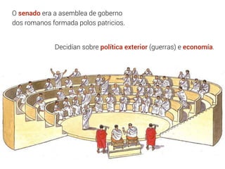 O senado era a asemblea de goberno
dos romanos formada polos patricios.
Decidían sobre política exterior (guerras) e econo...
