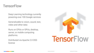Confidential & ProprietaryGoogle Cloud Platform 42
TensorFlow
Deep Learning technology currently
powering over 100 Google services
Generalizable to vision, sound, text,
video and other data
Runs on CPUs or GPUs, desktop,
server, or mobile computing
platforms.
Distributed via Apache 2.0 OSS
license
 