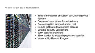 ● Tens of thousands of custom built, homogenous
systems
● Dozens of datacenters for redundancy
● Data encryption in transit and at rest
● Secure software development process
● External security verifications
● 500+ security engineers
● 160+ academic research papers on security
● Vulnerability Reward Program
We store our own data in this environment
 
