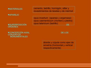 ábside y cúpula como ejes de simetría (horizontal y vertical respectivamente) MATERIALES APAREJO SUPERPOSICIÓN  DE ÓRDENES CONCEPCIÓN AXIAL  DE LOS CONJUNTOS  MONUMENTALES cemento, ladrillo, hormigón, sillar y revestimientos de teselas y de mármol opus incertum  (aparejo y argamasa)  opus caementicium (mortero y piedra)  opus latericium (ladrillo) 