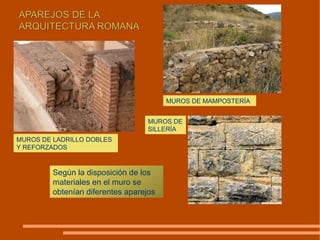 Según la disposición de los materiales en el muro se obtenían diferentes aparejos MUROS DE LADRILLO DOBLES Y REFORZADOS MUROS DE SILLERÍA MUROS DE MAMPOSTERÍA 