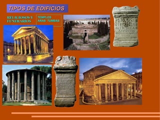 TIPOS DE EDIFICIOS RELI G IOSOS Y FUNERARIOS TEMPLO S  ARAS   TUMBAS   