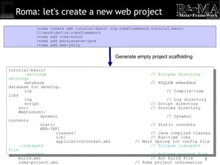 Roma: let's create a new web project >roma create web tutorial-basic org.romaframework.tutorial.basic C:\work\dev\os\romaframework >roma add view-echo2 >roma add persistence-jpox >roma add web-jetty tutorial-basic/ .settings // Eclipse directory settings database // HSQLDB embedded database for develop. lib // Compile-time libs log // Log directory script // Script directory src/ // Sources directory WebContent/ dynamic // Dynamic contents static // Static contents WEB-INF/ classes/ // Java compiled classes lib/ // Run-time libs applicationContext.xml // Main Spring IoC config file .classpath // Eclipse classpath file .project // Eclipse project file build.xml // Ant build file roma-project.xml // Roma project information Generate empty project scaffolding 