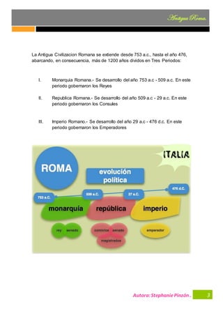 Autora:StephaniePinzón .
AntiguaRoma.
3
La Antigua Civilizacion Romana se extiende desde 753 a.c., hasta el año 476,
abarcando, en consecuencia, más de 1200 años dividos en Tres Periodos:
I. Monarquia Romana.- Se desarrollo del año 753 a.c - 509 a.c. En este
periodo gobernaron los Reyes
II. Republica Romana.- Se desarrollo del año 509 a.c - 29 a.c. En este
periodo gobernaron los Consules
III. Imperio Romano.- Se desarrollo del año 29 a.c - 476 d.c. En este
periodo gobernaron los Emperadores
 
