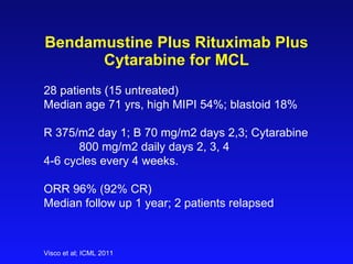 Bendamustine Plus Rituximab Plus  Cytarabine   for  MCL 28 patients (15 untreated) Median age 71 yrs, high MIPI 54%; blastoid 18% R 375/m2 day 1; B 70 mg/m2 days 2,3; Cytarabine  800 mg/m2 daily days 2, 3, 4 4-6 cycles every 4 weeks. ORR 96% (92% CR) Median follow up 1 year; 2 patients relapsed Visco et al; ICML 2011 