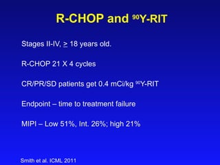 R-CHOP and  90 Y-RIT Stages II-IV,  >  18 years old. R-CHOP 21 X 4 cycles CR/PR/SD patients get 0.4 mCi/kg  90 Y-RIT Endpoint – time to treatment failure MIPI – Low 51%, Int. 26%; high 21% Smith et al. ICML 2011 