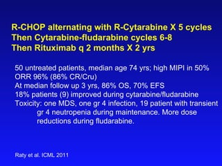 R-CHOP alternating with R-Cytarabine X 5 cycles Then Cytarabine-fludarabine cycles 6-8 Then Rituximab q 2 months X 2 yrs 50 untreated patients, median age 74 yrs; high MIPI in 50% ORR 96% (86% CR/Cru) At median follow up 3 yrs, 86% OS, 70% EFS 18% patients (9) improved during cytarabine/fludarabine  Toxicity: one MDS, one gr 4 infection, 19 patient with transient gr 4 neutropenia during maintenance. More dose  reductions during fludarabine. Raty et al. ICML 2011 