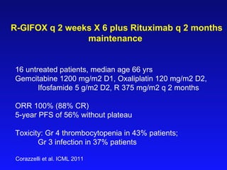 R-GIFOX q 2 weeks X 6 plus Rituximab q 2 months maintenance 16 untreated patients, median age 66 yrs Gemcitabine 1200 mg/m2 D1, Oxaliplatin 120 mg/m2 D2,  Ifosfamide 5 g/m2 D2, R 375 mg/m2 q 2 months ORR 100% (88% CR) 5-year PFS of 56% without plateau Toxicity: Gr 4 thrombocytopenia in 43% patients;  Gr 3 infection in 37% patients Corazzelli et al. ICML 2011 