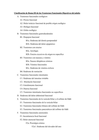 Clasificación de Roma III de los Trastornos Funcionales Digestivos del adulto
   A. Trastornos funcionales esofágicos
      A1. Pirosis funcional
      A2. Dolor torácico funcional de posible origen esofágico
      A3. Disfagia funcional
      A4. Globo esofágico
   B. Trastornos funcionales gastroduodenales
      B1. Dispepsia funcional
              B1a. Síndrome del distrés postprandial
              B1b. Síndrome del dolor epigástrico
      B2. Trastornos con eructos
              B2a. Aerofagia
              B2b. Eructos excesivos de origen no específico
      B3. Trastornos con nauseas y vómitos
              B3a. Nausea idiopáticas crónicas
              B3b. Vómitos funcionales
              B3c. Síndrome de vómitos cíclicos
      B4. Síndrome de rumiación
   C. Trastornos funcionales intestinales
      C1. Síndrome del intestino irritable
      C2. Hinchazón funcional
      C3. Estreñimiento funcional
      C4. Diarrea funcional
      C5. Trastornos intestinales funcionales no específicos
   D. Síndrome del dolor abdominal funcional
   E. Trastornos funcionales de la vesícula biliar y el esfínter de Oddi
      E1. Trastornos funcionales de la vesícula biliar
      E2. Trastornos funcionales biliares del esfínter de Oddi
      E3. Trastornos funcionales pancreáticos del esfínter de Oddi
   F. Trastornos funcionales anorectales
      F1. Incontinencia fecal funcional
      F2. Dolor anorectal funcional
              F2a. Proctalgia crónica
                     F2a1. Síndrome del elevador del ano
 