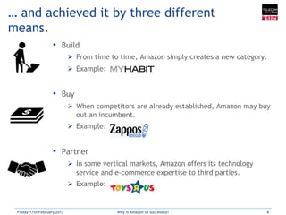 … and achieved it by three different
means.
                    •  Build
                             Ø  From time to time, Amazon simply creates a new category.
                             Ø  Example:


                    •  Buy
                             Ø  When competitors are already established, Amazon may buy
                                 out an incumbent.
                             Ø  Example:


                    •  Partner
                             Ø  In some vertical markets, Amazon offers its technology
                                 service and e-commerce expertise to third parties.
                             Ø  Example:


 Friday 17th February 2012                  Why is Amazon so successful?                  8
 