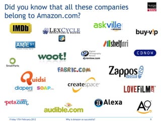 Did you know that all these companies
belong to Amazon.com?




 Friday 17th February 2012   Why is Amazon so successful?   9
 