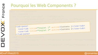 @romaintaz#DvxFrWeb2015
Les  standards  Web  Components
• Shadow DOM
• Template
• HTML Import
• Custom Elements
 