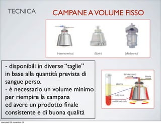 6.1 Fixed Volume Bowl System
Figure 6. Examples of Fixed Volume Bowls*
*Bowls for different machines/processing volumes also exist.
The fixed volume bowl rotates at speeds of up to 6,000rpm, and processes the salvaged
blood in fixed volume batches. As anticoagulated whole blood is pumped into the spinning
bowl, the centrifugal force separates the blood into its components as the bowl fills. As
more blood is pumped into the bowl the RBCs are retained in the bowl while the
supernatant, which is made up of the remaining components plus the anticoagulant, is
expressed through the outlet port and into the waste bag.
When the machine detects an adequate amount of RBCs within the bowl, a wash solution
of IV normal saline (0.9% NaCl) is pumped into the bowl passing through the red cell layer
and displacing most of the remaining non
red cell component into the waste bag.
Excess IV normal saline (0.9% NaCl) is also
expressed through the outlet port and into
the waste bag.
The fixed volume bowl may be available
(Haemonetics) (Sorin) (Medtronic)
Whole blood
Waste
Figure 7. Separation of Red Blood
Cells in a Fixed Volume Bowl
*Bowls for different machines/processing volumes also exist.
The fixed volume bowl rotates at speeds of up to 6,000rpm, and processes the salvaged
blood in fixed volume batches. As anticoagulated whole blood is pumped into the spinning
bowl, the centrifugal force separates the blood into its components as the bowl fills. As
more blood is pumped into the bowl the RBCs are retained in the bowl while the
supernatant, which is made up of the remaining components plus the anticoagulant, is
expressed through the outlet port and into the waste bag.
When the machine detects an adequate amount of RBCs within the bowl, a wash solution
of IV normal saline (0.9% NaCl) is pumped into the bowl passing through the red cell layer
and displacing most of the remaining non
red cell component into the waste bag.
Excess IV normal saline (0.9% NaCl) is also
expressed through the outlet port and into
the waste bag.
The fixed volume bowl may be available
in a range of sizes (depending on the
manufacturer) to suit the anticipated blood
loss. In order to provide a consistent and
high quality end product, fixed volume
bowls require a predetermined volume of
RBCs to be reached within the bowl before
the machine will trip automatically into the
wash stage.
(Haemonetics) (Sorin) (Medtronic)
plasma
Whole blood
Waste
buffy coat
red blood cells
Figure 7. Separation of Red Blood
Cells in a Fixed Volume Bowl- disponibili in diverse “taglie”
in base alla quantità prevista di
sangue perso.
- è necessario un volume minimo
per riempire la campana
ed avere un prodotto ﬁnale
consistente e di buona qualità
CAMPANE AVOLUME FISSOTECNICA
mercoledì 26 novembre 14
 