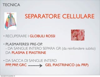 SEPARATORE CELLULARE
• RECUPERARE I GLOBULI ROSSI
• PLASMAFERESI PRE-OP.
- DA SANGUE INTERO SEPARA GR (da reinfondere subito)
DA PLASMA E PIASTRINE
• DA SACCA DI SANGUE INTERO
PPP, PRP, GRC GEL PIASTRINICO (da PRP)
TECNICA
mercoledì 26 novembre 14
 