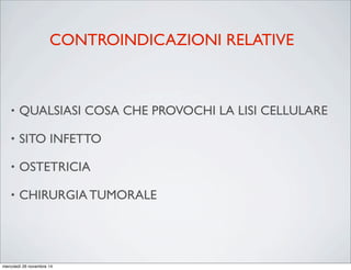 CONTROINDICAZIONI RELATIVE
• QUALSIASI COSA CHE PROVOCHI LA LISI CELLULARE
• SITO INFETTO
• OSTETRICIA
• CHIRURGIA TUMORALE
mercoledì 26 novembre 14
 