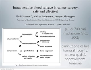 Intraoperative blood salvage in cancer surgery:
safe and eﬀective?
Ernil Hansen *, Volker Bechmann, Juergen Altmeppen
Department of Anesthesiologie, University of Regensburg, D-93042 Regensburg, Germany
Abstract
To support blood supply in the growing ﬁeld of cancer surgery and to avoid transfusion induced immunomodulation
caused by the allogeneic barrier and by blood storage leasions we use intraoperative blood salvage with blood irra-
diation. This method is safe as it provides eﬃcient elimination of contaminating cancer cells, and as it does not
compromise the quality of RBC. According to our experience with more than 700 procedures the combination of blood
salvage with blood irradiation also is very eﬀective in saving blood resources. With this autologous, fresh, washed RBC
a blood product of excellent quality is available for optimal hemotherapy in cancer patients.
Ó 2002 Elsevier Science Ltd. All rights reserved.
1. Introduction
The demand for blood in cancer surgery is high
and increasing. Problems with the supply of com-
patible blood are not uncommon in these patients
that previously have seen surgery and transfusions.
Some transfusion risks are especially relevant to
cancer patients like immunomodulation with im-
donations suﬀers from the poor predictability of
intraoperative blood loss leading to a waste of
autologous blood, or to insuﬃcient supply. Im-
munosuppression is not only caused by the allog-
eneic barrier, but also by cell lesions during blood
storage at low temperature [2], relevant to both
allogeneic and autologous banked blood. In ad-
dition, growth factors are released during storage
www.elsevier.com/locate/transci
Intraoperative blood salvage in cancer surgery
safe and eﬀective?
Ernil Hansen *, Volker Bechmann, Juergen Altmeppen
Department of Anesthesiologie, University of Regensburg, D-93042 Regensburg, Germany
act
support blood supply in the growing ﬁeld of cancer surgery and to avoid transfusion induced imm
d by the allogeneic barrier and by blood storage leasions we use intraoperative blood salvage w
www.elsevier.
Transfusion and Apheresis Science 27 (2002) 153–157
Fig. 1. Transfusion risks most relevant to cancer patients.
E. Hansen et al. / Transfusion and Apheresis Science 27 (2002) 153–157
più di 700 casi
irradiazione GRC
50Gy
diminuzione cellule
tumorali Log 12
ottima qualità,
sopravvivenza,
funzione
mercoledì 26 novembre 14
 