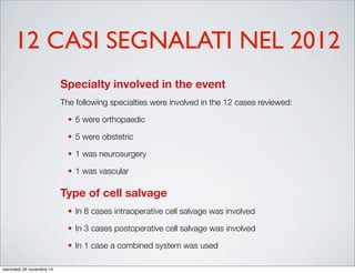 12 CASI SEGNALATI NEL 2012ANNUALANALYSIS OF CASES DUE TO PATHOLOGICAL REACTIONS ANNUAL
Specialty involved in the event
The following specialties were involved in the 12 cases reviewed:
5 were orthopaedic
5 were obstetric
1 was neurosurgery
1 was vascular
Type of cell salvage
In 8 cases intraoperative cell salvage was involved
In 3 cases postoperative cell salvage was involved
In 1 case a combined system was used
Adverse reactions n=8mercoledì 26 novembre 14
 