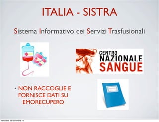 ITALIA - SISTRA
• NON RACCOGLIE E
FORNISCE DATI SU
❓EMORECUPERO
Sistema Informativo dei Servizi Trasfusionali
❓❓
❓❓❓
❓❓❓❓
❓
❓❓❓
❓❓❓
❓❓
❓
mercoledì 26 novembre 14
 