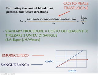 unità
costo
EMORECUPERO
SANGUE BANCA
9
Estimating the cost of blood: past,
present, and future directions
Aryeh Shander* MD, FCCP, FCCM
Chief, Department of Anesthesiology and Critical Care and Hyperbaric Medicine
Medical Director, New Jersey Institute for the Advancement of Bloodless Medicine and Surgery
Englewood Hospital and Medical Center, 350 Engle Street, Englewood, NJ 07631, USA
Axel Hofmann ME
Medical Society for Blood Management, A-2361 Laxenburg, Austria
Hans Gombotz MD
Chief
Department of Anesthesiology and Intensive Care, General Hospital Linz, Krankenhausstrasse
9, A-4021 Linz, Austria
Oliver M. Theusinger MD, PhD
Research Associate
Institute of Anesthesiology, University Hospital Zurich, Switzerland
Donat R. Spahn MD, FRCA
Professor and Chairman
Department of Anesthesiology, University Hospital Lausanne (Chuv), Rue du Bugnon 46,
CH-1011 Lausanne, Switzerland
Understanding the costs associated with blood products requires sophisticated knowledge
about transfusion medicine and is attracting the attention of clinical and administrative health-
care sectors worldwide. To improve outcomes, blood usage must be optimized and expen-
ditures controlled so that resources may be channeled toward other diagnostic, therapeutic,
Where:
ctxn = total cost per unit transfused from a societal perspective
x4 = total number of units transfused
c1x1 = average cost incurred per donor Χ number of donations = total donor cost
c2x2 = average cost per unit produced Χ units produced = total production cost
c3x3 = average cost per unit prepared for transfusion Χ units prepared = total hospital transfusion
preparation cost
c4x4 = average cost of administering per unit transfused Χ units transfused = total hospital cost of
administering transfusion
c5x5 = average cost per adverse transfusion event (short-term) Χ events = total cost of treating
adverse events
c6x6 = average cost per transfusion-transmitted case of illness (long-term) Χ cases = total cost of
transfusion-transmitted illness
c7x7 = average cost of litigation per case Χ cases litigated = total cost of litigation
c8x8 = average cost of lost productivity per day Χ hospital and rehabilitation stay days = total cost
of lost productivity
c9x9 = average cost per haemovigilance case Χ cases = total cost of haemovigilance
x4
c1x1+c2x2+c3x3+c4x4+c5x5+c6x6+c7x7+c8x8+c9x9
=ctxn =
n=1
∑cnxn
9
x4
282 A. Shander et al
• STAND-BY PROCEDURE = COSTO DEI REAGENTI X
TIPIZZARE 2 UNITA’ DI SANGUE
(S.A. Esper, J. H.Waters)
COSTO REALE
TRASFUSIONE
mercoledì 26 novembre 14
 