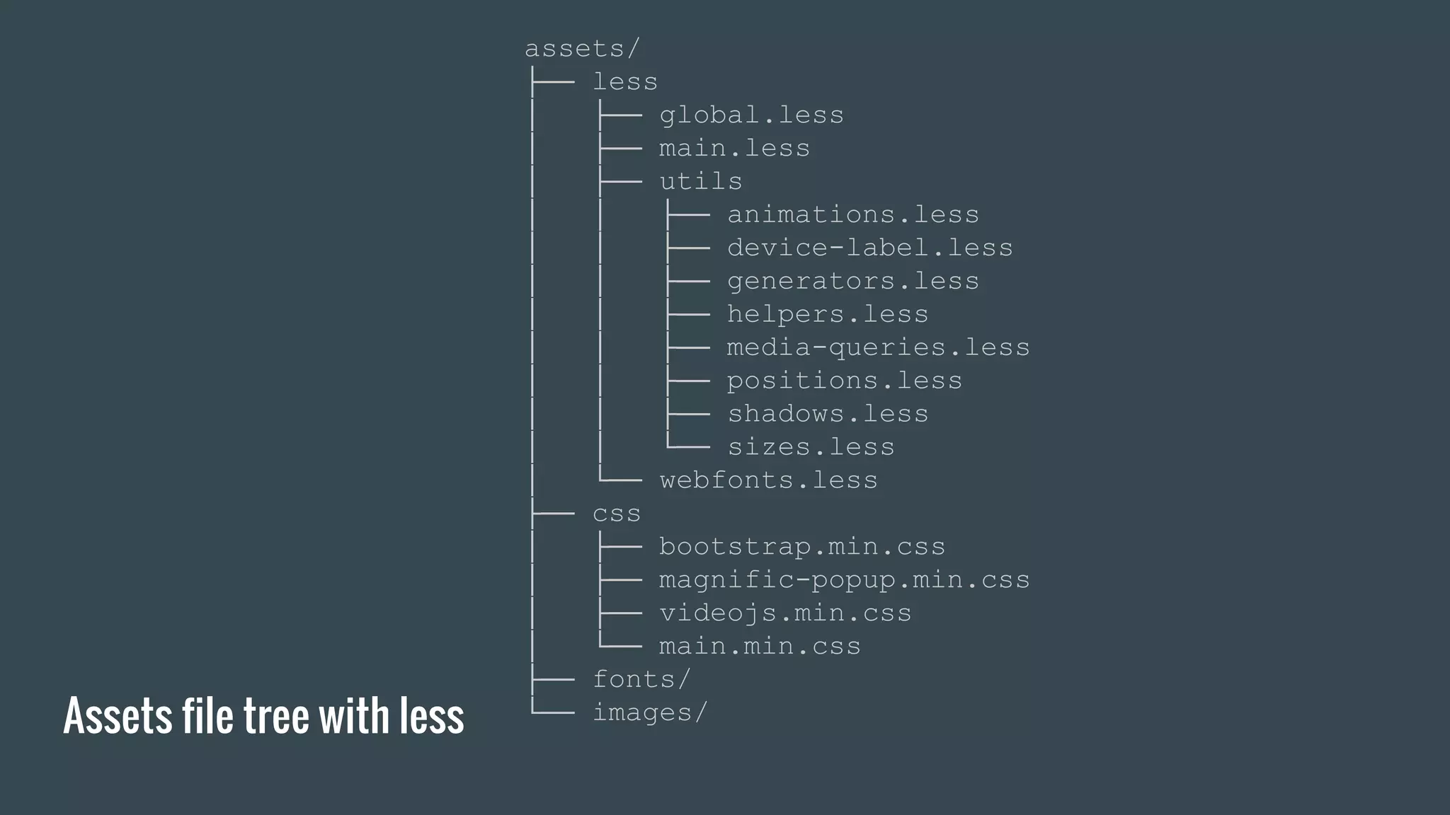 Assets file tree with less assets/ ├── less │ ├── global.less │ ├── main.less │ ├── utils │ │ ├── animations.less │ │ ├── device-label.less │ │ ├── generators.less │ │ ├── helpers.less │ │ ├── media-queries.less │ │ ├── positions.less │ │ ├── shadows.less │ │ └── sizes.less │ └── webfonts.less ├── css │ ├── bootstrap.min.css │ ├── magnific-popup.min.css │ ├── videojs.min.css │ └── main.min.css ├── fonts/ └── images/ 