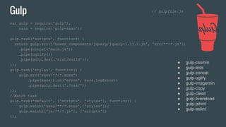 Gulp
var gulp = require('gulp'),
sass = require('gulp-sass');
gulp.task('scripts', function() {
return gulp.src(['bower_components/jquery/jquery-1.11.1.js', 'src/**/*.js'])
.pipe(concat('main.js'))
.pipe(uglify())
.pipe(gulp.dest('dist/build'));
});
gulp.task('styles', function() {
gulp.src('sass/**/*.scss')
.pipe(sass().on('error', sass.logError))
.pipe(gulp.dest('./css/'))
});
//Watch task
gulp.task('default', ['scripts', 'styles'], function() {
gulp.watch('sass/**/*.scss',['styles']);
gulp.watch(['js/**/*.js'], ['scripts'])
});
● gulp-cssmin
● gulp-less
● gulp-concat
● gulp-uglify
● gulp-imagemin
● gulp-copy
● gulp-clean
● gulp-livereload
● gulp-jshint
● gulp-eslint
// gulpfile.js
 