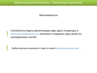 Мультиразумная система – Системные принципы


                            Многомерность




!
    Способность видеть дополняющие друг друга тенденции в
    прямопротивоположных явлениях и создавать одно целое из
    несоединимых частей.



!   Любое явление возникает в паре со своей противоположностью;
 