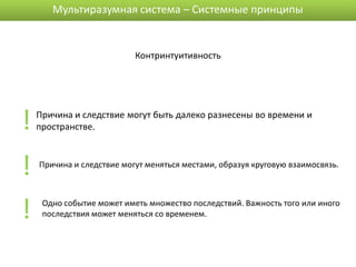 Мультиразумная система – Системные принципы


                           Контринтуитивность




!   Причина и следствие могут быть далеко разнесены во времени и
    пространстве.



!   Причина и следствие могут меняться местами, образуя круговую взаимосвязь.




!    Одно событие может иметь множество последствий. Важность того или иного
     последствия может меняться со временем.
 