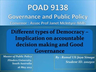 By : Romal Uli Jaya Sinaga
Student ID. 21025xx
Different types of Democracy –
Implication on accountable
decision making and Good
Governance
Master of Public Policy
Flinders University,
South Australia
16 May 2012
 