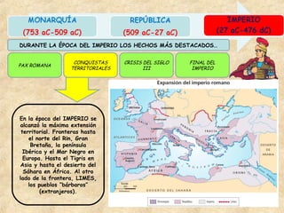 PAX ROMANA
CONQUISTAS
TERRITORIALES
CRISIS DEL SIGLO
III
FINAL DEL
IMPERIO
DURANTE LA ÉPOCA DEL IMPERIO LOS HECHOS MÁS DESTACADOS…
En la época del IMPERIO se
alcanzó la máxima extensión
territorial. Fronteras hasta
el norte del Rin, Gran
Bretaña, la península
Ibérica y el Mar Negro en
Europa. Hasta el Tigris en
Asia y hasta el desierto del
Sáhara en África. Al otro
lado de la frontera, LIMES,
los pueblos “bárbaros”
(extranjeros).
 