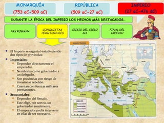 PAX ROMANA
CONQUISTAS
TERRITORIALES
CRISIS DEL SIGLO
III
FINAL DEL
IMPERIO
DURANTE LA ÉPOCA DEL IMPERIO LOS HECHOS MÁS DESTACADOS…
 El Imperio se organizó estableciendo
dos tipos de provincias:
 Imperiales:
 Dependen directamente el
emperador.
 Nombraba como gobernador a
un delegado.
 Son provincias con riesgo de
invasión o rebelión.
 Cuentan con fuerzas militares
permanentes.
 Senatoriales:
 Dependen del Senado.
 Este elige, por sorteo, un
gobernador anualmente.
 El emperador podía intervenir
en ellas de ser necesario.
 