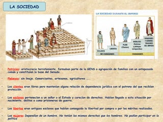 • Plebeyos: sin linaje. Comerciantes, artesanos, agricultores …..
• Los clientes eran libres pero mantenían alguna relación de dependencia jurídica con el patrono del que recibían
protección.
• Los esclavos pertenecían a un señor o al Estado y carecían de derechos. Habían llegado a esta situación por
nacimiento, delitos o como prisioneros de guerra.
• Los libertos eran antiguos esclavos que habían conseguido la libertad por compra o por los méritos realizados.
• Las mujeres Dependían de un hombre. No tenían los mismos derechos que los hombres. No podían participar en la
política
• Patricios: aristocracia terrateniente, formaban parte de la GENS o agrupación de familias con un antepasado
común y constituían la base del Senado.
LA SOCIEDAD
 
