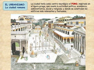 La ciudad tenía como centro neurálgico elLa ciudad tenía como centro neurálgico el FOROFORO, inspirado en, inspirado en
el ágora griega, que reunía la actividad política, económica,el ágora griega, que reunía la actividad política, económica,
administrativa, social y religiosa; y donde se construían losadministrativa, social y religiosa; y donde se construían los
edificios más relevantes y fastuosos.edificios más relevantes y fastuosos.
EL URBANISMO:
La ciudad romana
 