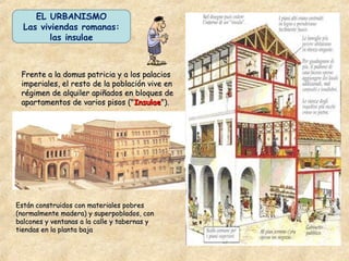 EL URBANISMO
Las viviendas romanas:
las insulae
Frente a la domus patricia y a los palaciosFrente a la domus patricia y a los palacios
imperiales, el resto de la población vive enimperiales, el resto de la población vive en
régimen de alquiler apiñados en bloques derégimen de alquiler apiñados en bloques de
apartamentos de varios pisos ("apartamentos de varios pisos ("InsulaeInsulae").").
Están construidos con materiales pobresEstán construidos con materiales pobres
(normalmente madera) y superpoblados, con(normalmente madera) y superpoblados, con
balcones y ventanas a la calle y tabernas ybalcones y ventanas a la calle y tabernas y
tiendas en la planta bajatiendas en la planta baja
 