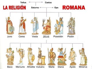 ZEUS PoseidónJuno
Mercurio Vulcano Diana ApoloMarteBaco Afrodita Minerva
Ceres Vesta Plutón
Tellus Caelus
Saturno Ops
 