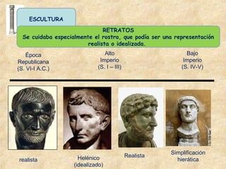 ESCULTURA
RETRATOS
Se cuidaba especialmente el rostro, que podía ser una representación
realista o idealizada.
Época
Republicana
(S. VI-I A.C.)
Alto
Imperio
(S. I – III)
Bajo
Imperio
(S. IV-V)
realista Helénico
(idealizado)
Simplificación
hierática
Realista
 